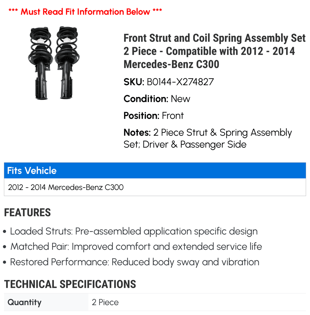 Front Sizetrut and Coil Sizepring Assembly Sizeet 2 Piece - Compatible with 2012 - 2014 Mercedes-Benz C300 2013