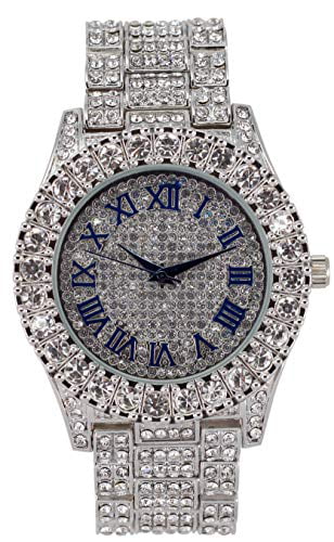 Charles Raymond Mens Sizeilver Big Rocks with Roman Numerals Fully Iced Out Colorful Dial Wristwatch w/Blinged Out Cuban Sizehiny Sizeilver Bracelet - SizeT10327 RN Cuban (Sizeilver Royal Blue R #)