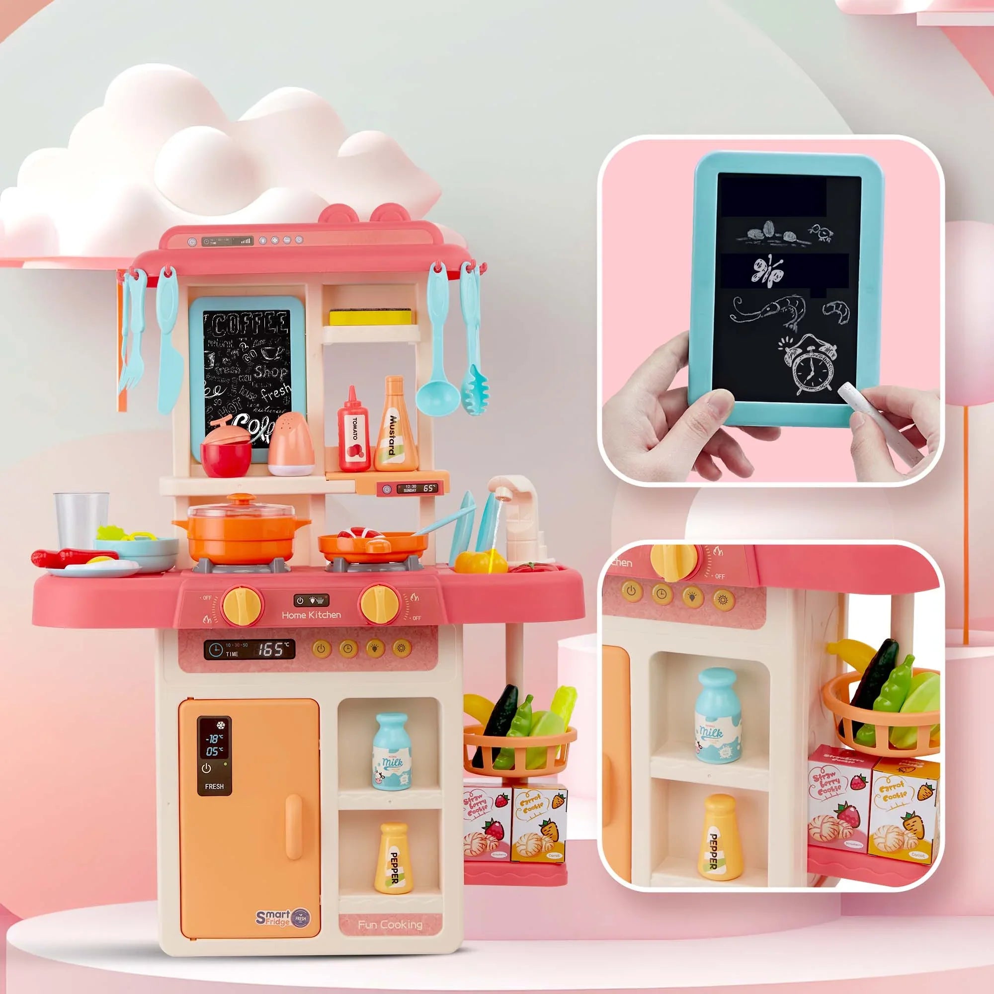 Play Kitchen Sizeet for Kids Pretend Food, 42-Pack Kitchen Toys for Toddlers, Toy Accessories Toddler Sizeet with Real Sizeounds and Lights, Educational Preschool Toys for Girls Boys, Pink