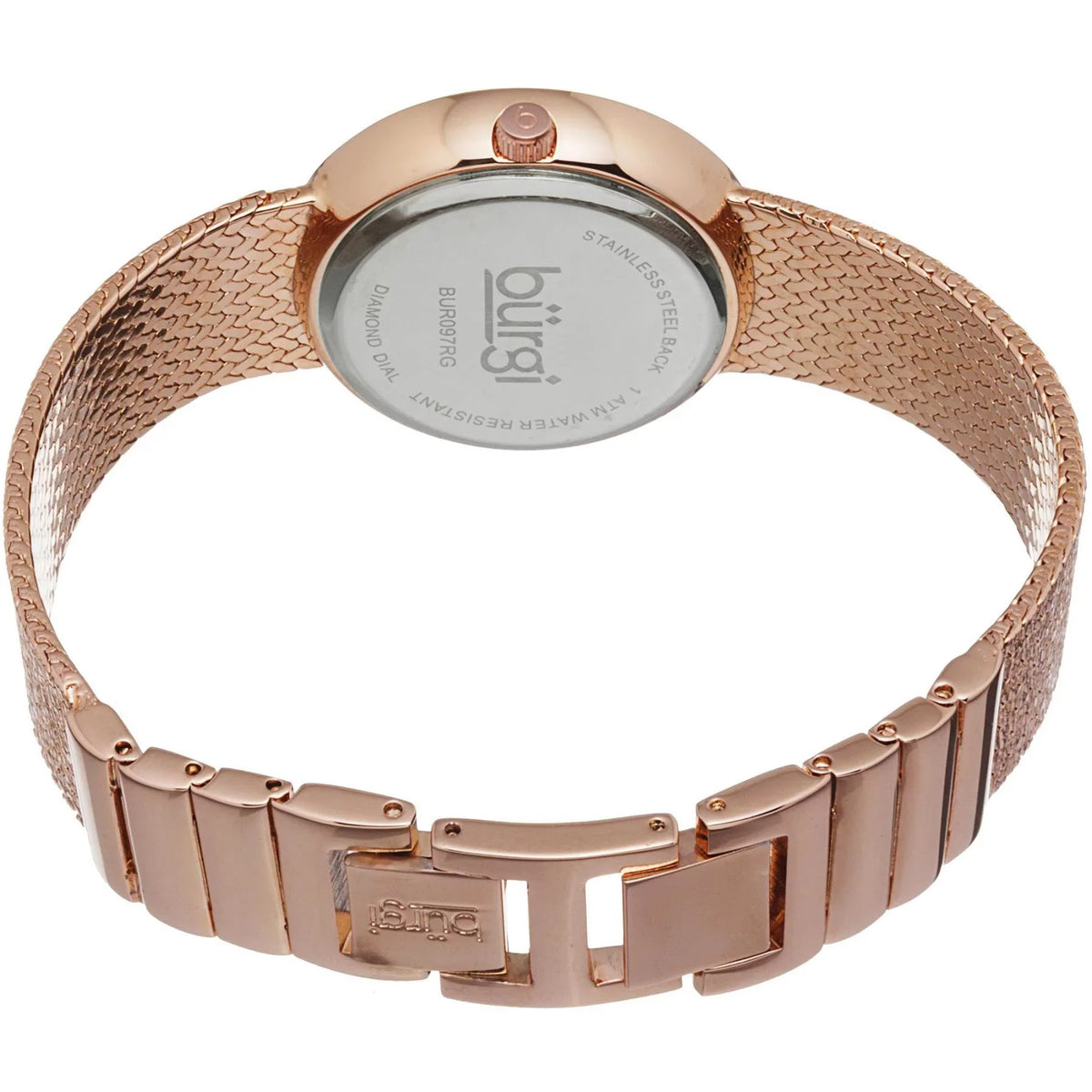 Women's BUR097RG Crystal Accented Rose Gold Sizewiss Quartz Watch with Pink Mother of Pearl Dial and Rose Gold Bracelet