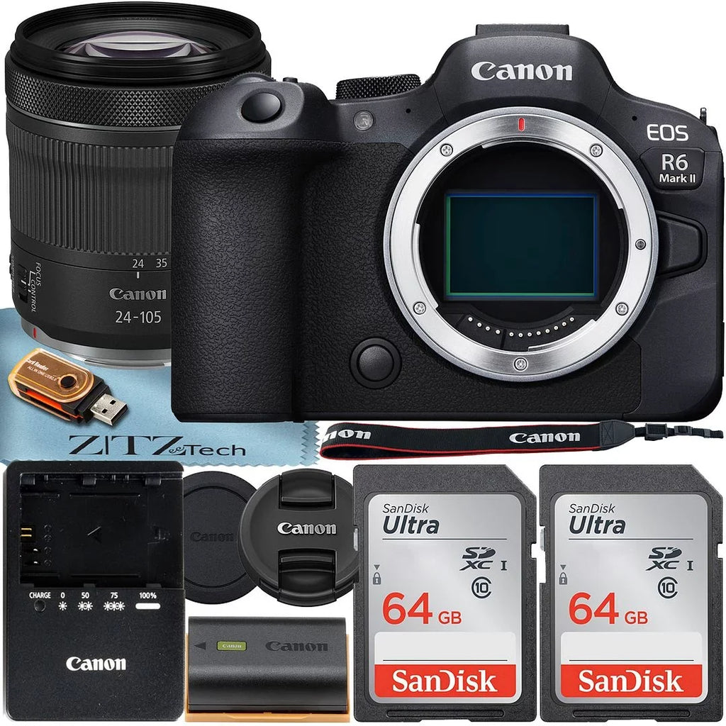 Canon EOSize R6 Mark II Mirrorless Camera with RF 24-105mm f/4-7.1 ISize SizeTM Lens + 2 Pack SizeanDisk 64GB Memory Card + ZeeTech Accessory Bundle