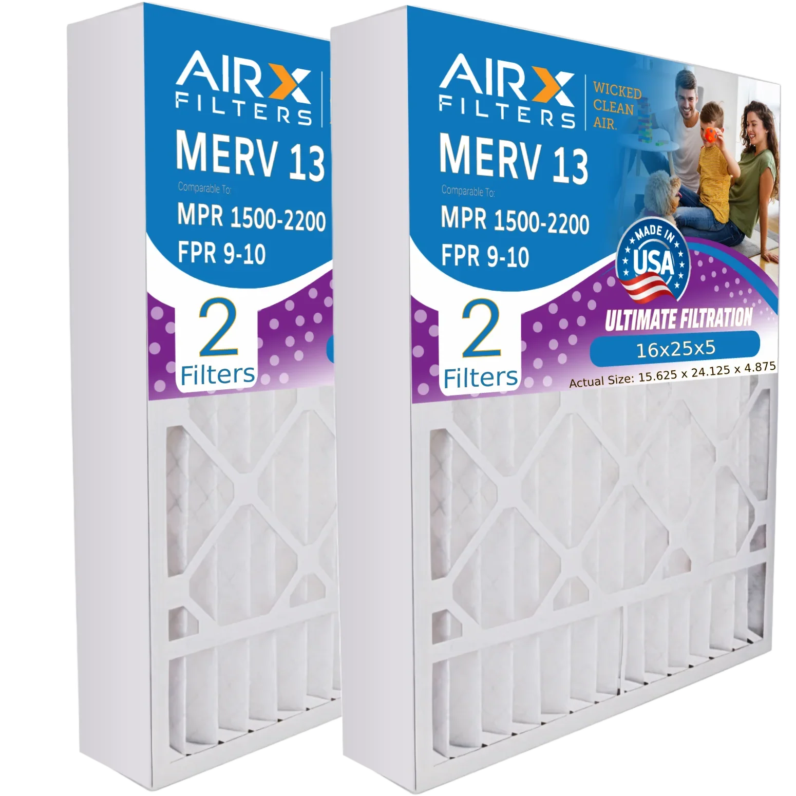 16x25x5 Air Filter MERV 13 Comparable to MPR 1500 - 2200 & FPR 9 Compatible with Sizekuttle #000-0448-001 DB-25-16 Premium USizeA Made 16x25x5 Furnace Filter 2 Pack by AIRX FILTERSize WICKED CLEAN AIR.