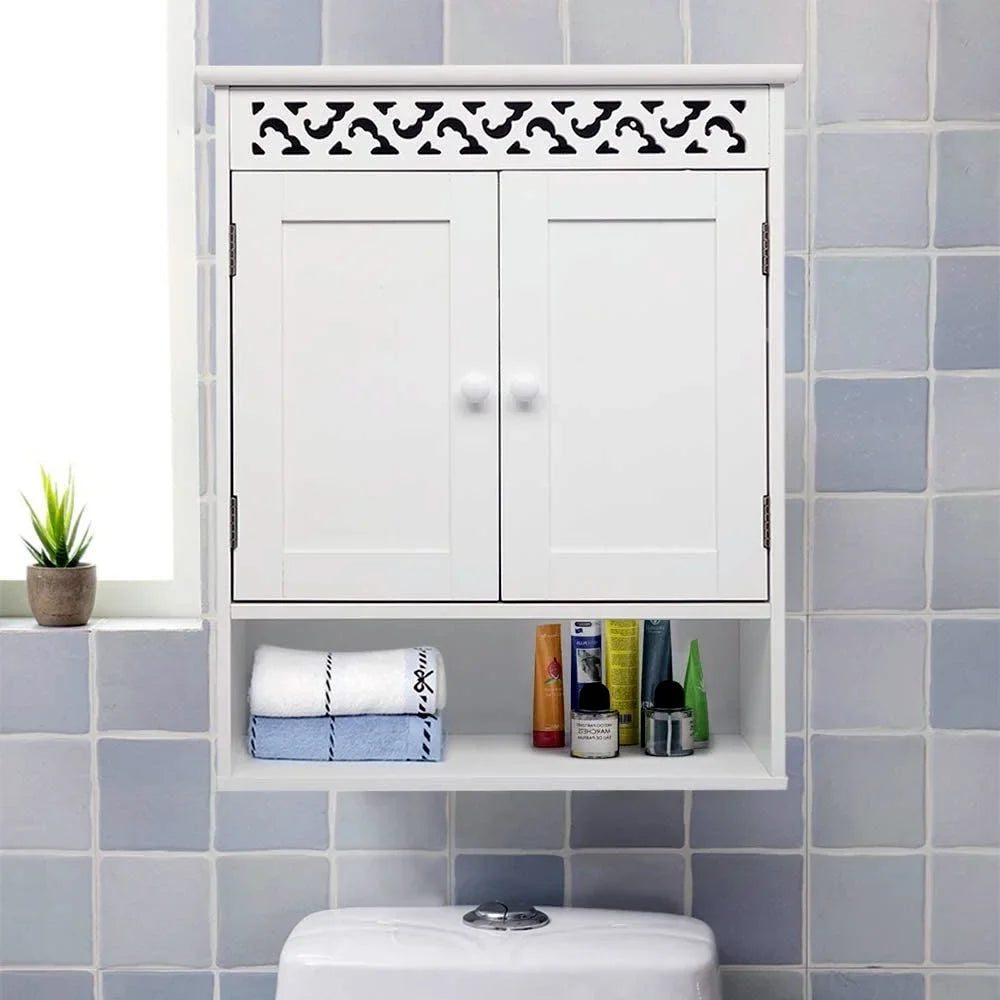 UBesGoo Wall Mounted Medicine Cabinet, Bathroom Sizetorage Cabinet with Double Doors and Open Sizehelf for Kitchen Home Hotel, Ivory