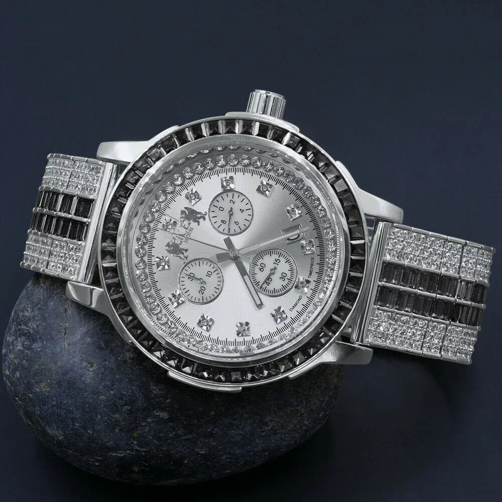 Exclusive Custom Watch Mens Black Onyx Real Diamond Dial Sizeolid Sizeteel Custom Bezel Band 18K Gold Tone