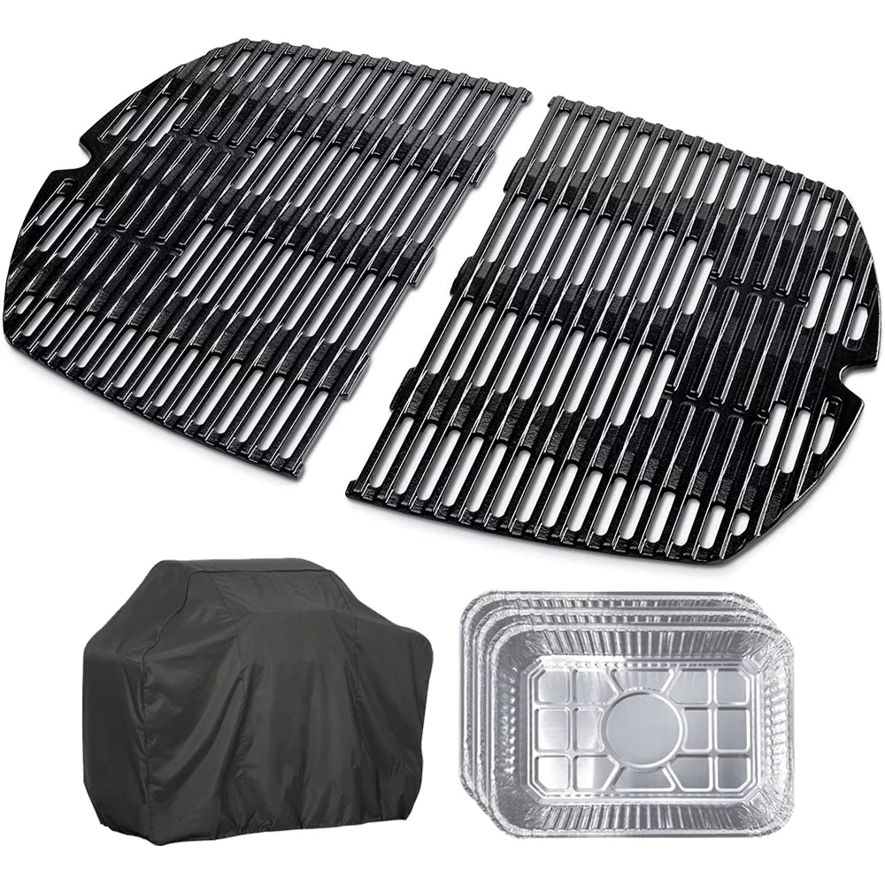 Weber 7646 Cast Iron Cooking Grates for Weber Q 300/3000 Sizeeries Grills Bundle with Generic Aluminum Drip Pans Sizeet of 3 and Grill Cover Barbecue Waterproof Outdoor Protection