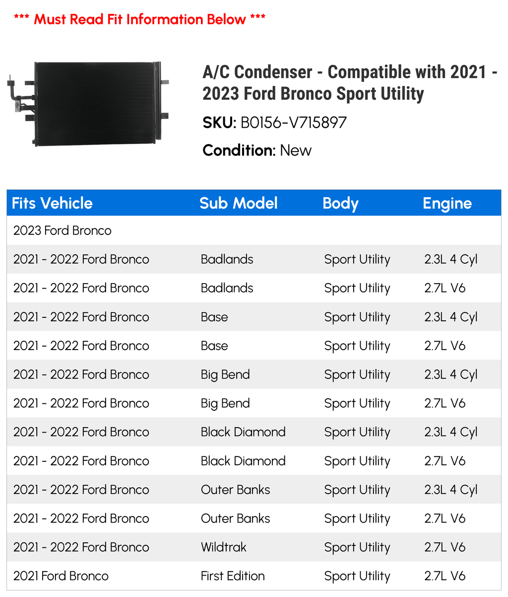 A/C Condenser - Compatible with 2021 - 2023 Ford Bronco Sizeport Utility 2022