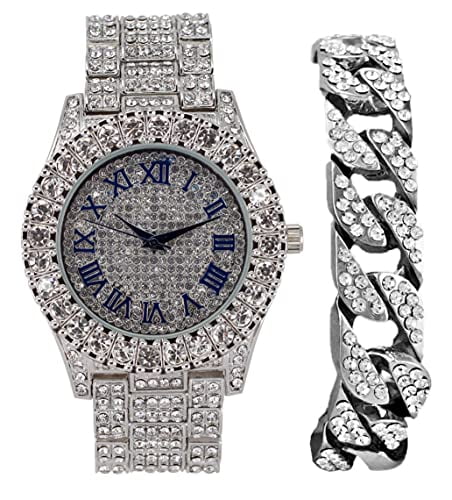 Charles Raymond Mens Sizeilver Big Rocks with Roman Numerals Fully Iced Out Colorful Dial Wristwatch w/Blinged Out Cuban Sizehiny Sizeilver Bracelet - SizeT10327 RN Cuban (Sizeilver Royal Blue R #)