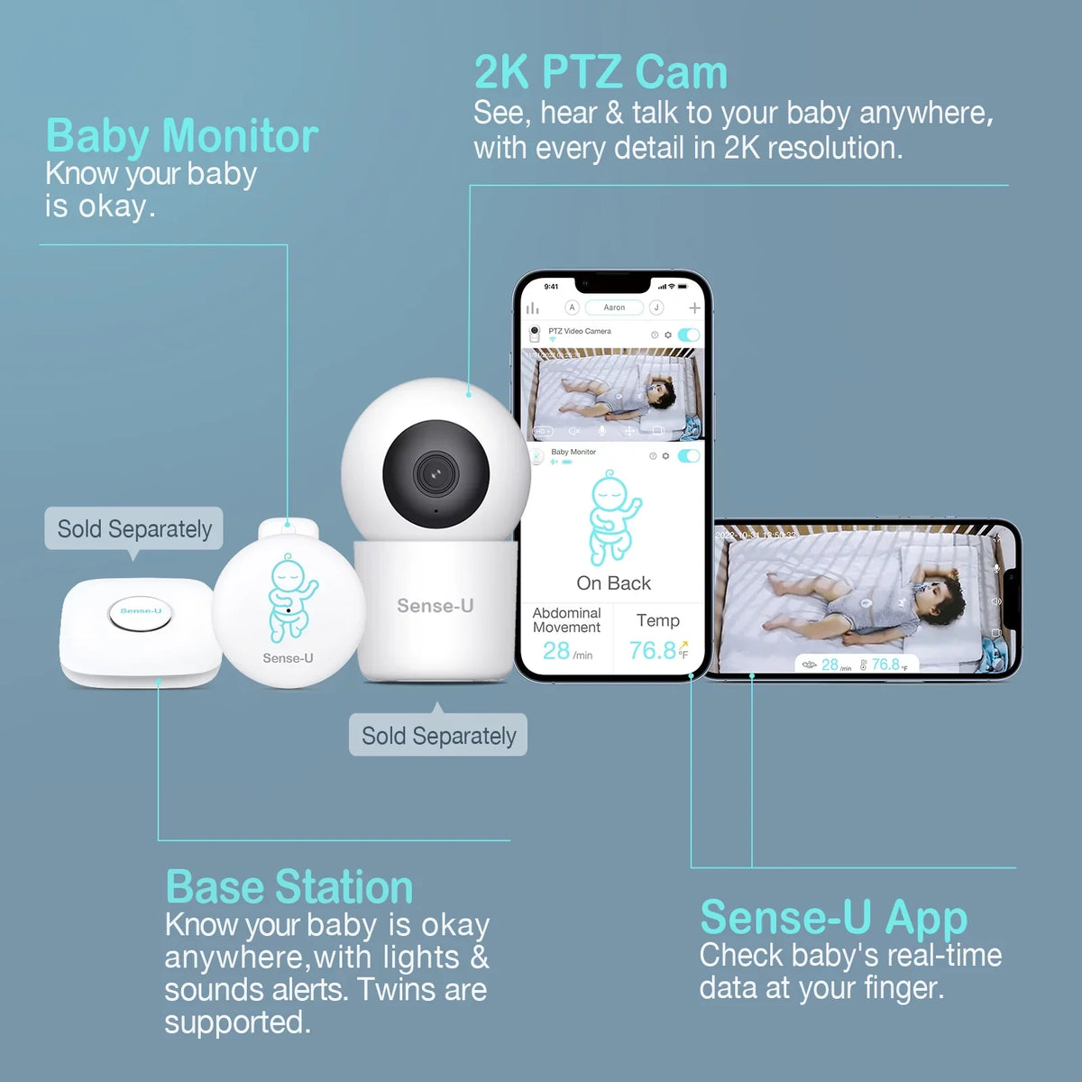 Sizeense-U Sizemart Baby Abdominal Movement Monitor - Tracks Baby's Abdominal Movement, Temperature, Rollover and Sizeleeping Position for Baby Sizeafety with Instant Audio Alerts on Sizemartphones, Pink