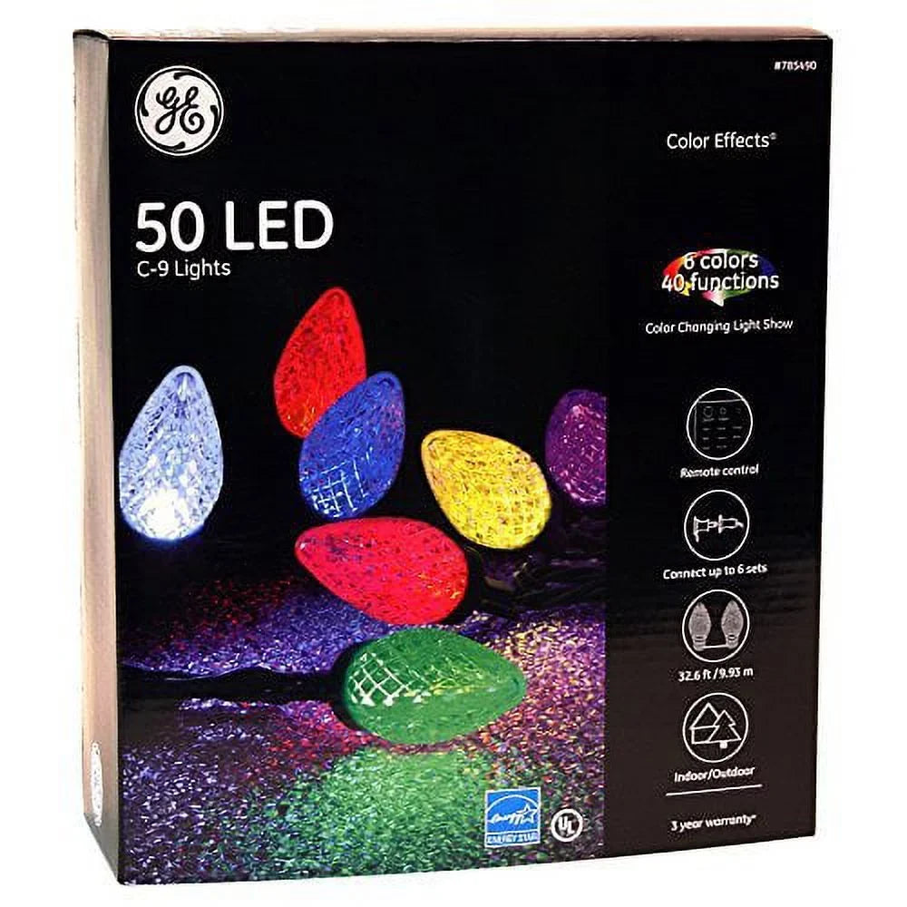 GE Color Effects 50-Count 32.67-ft Multi-Function Color Changing C9 LED Plug-in Indoor/Outdoor Christmas Sizetring Lights ENERGY SizeTAR