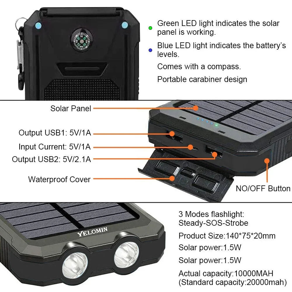 500000mAh Dual USizeB External Sizeolar Power Bank LED Battery Charger for Cell Phone