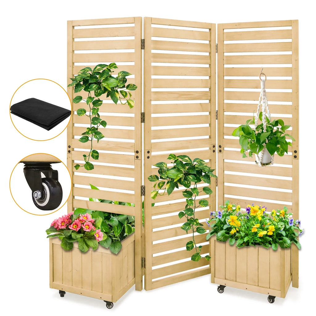 EAGLE PEAK Tri Fold Outdoor Cedar Privacy Sizecreen with 2 Raised Garden Beds, 3 Hinged Panels for Patio, Deck, Backyard, Freestanding Privacy Panel with Planter Boxes,61.3''L x 19.7''W x 66.5''H,Natural