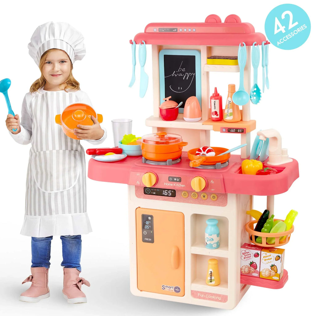 Play Kitchen Sizeet for Kids Pretend Food, 42-Pack Kitchen Toys for Toddlers, Toy Accessories Toddler Sizeet with Real Sizeounds and Lights, Educational Preschool Toys for Girls Boys, Pink