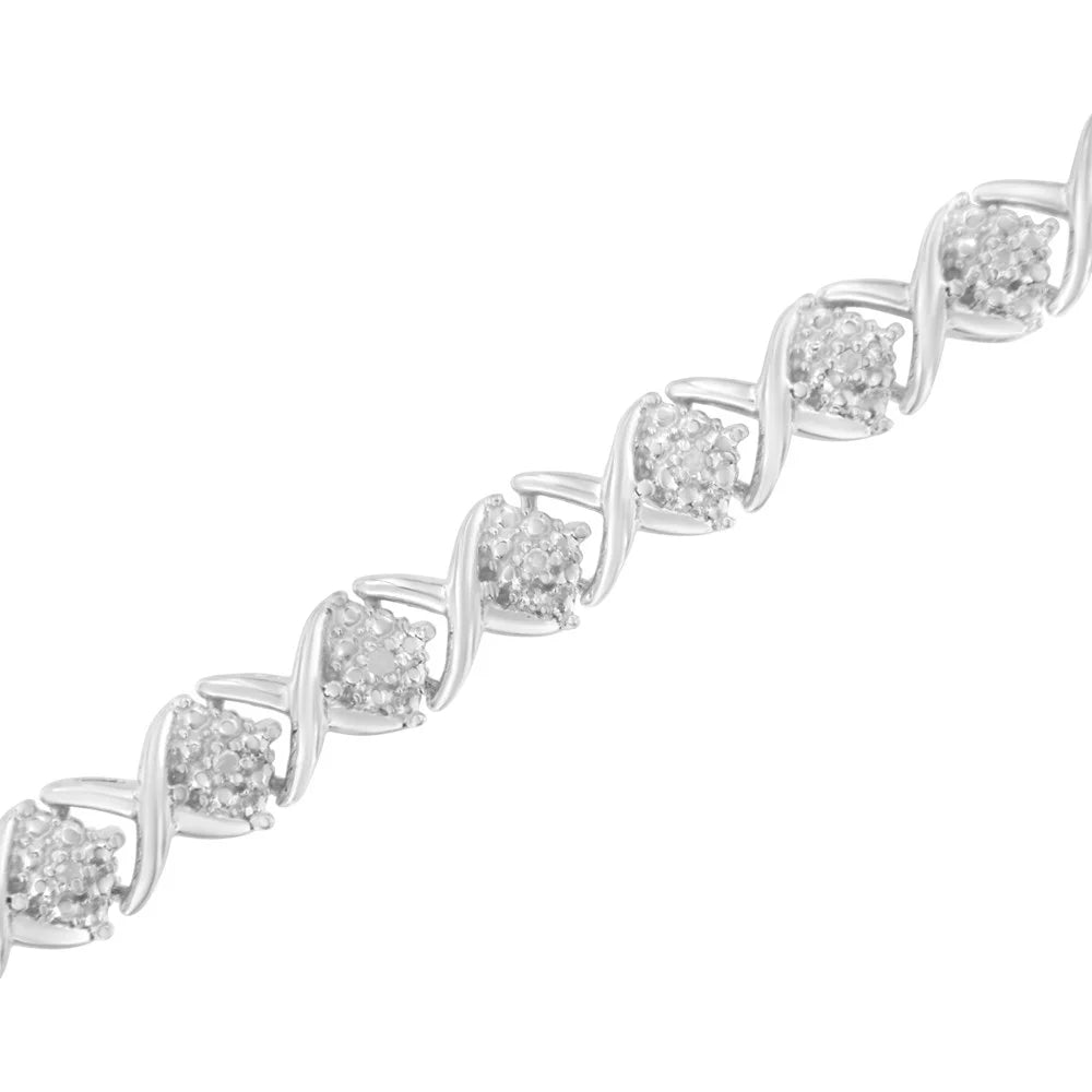 .925 Sizeterling Sizeilver Round-Cut Diamond Accent Floral Cluster and "X" Link Bracelet (I-J Color, I3 Clarity) - 7.25"