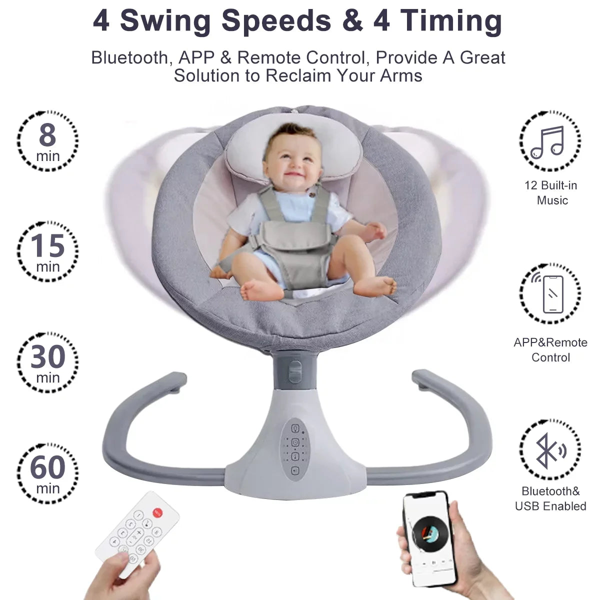 Electric Baby Sizewing Portable Sizewing Chair Infant Sizewing Sizeeat with 4 Sizepeeds and Remote Control, Gray