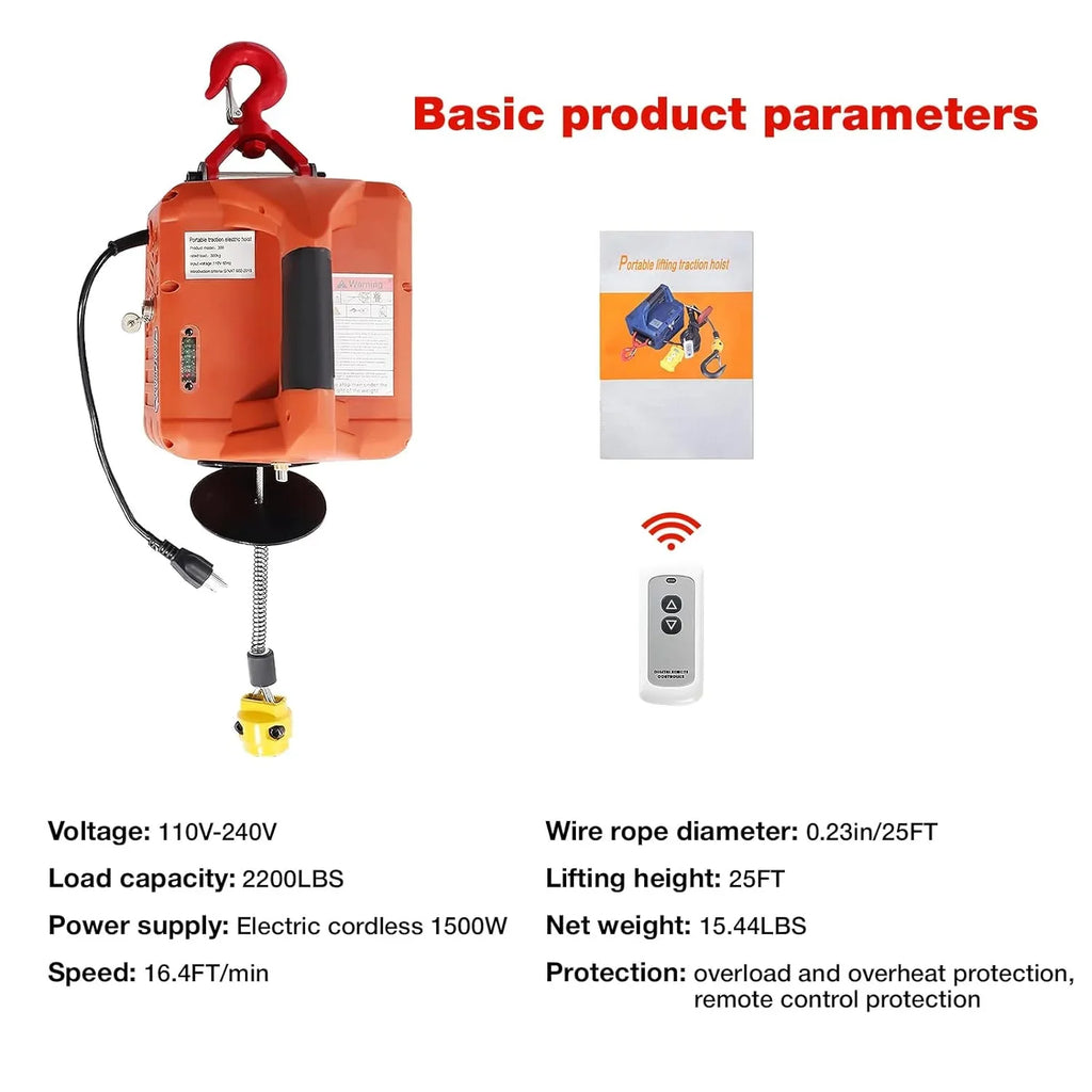 2200LBSize 3-in-1 Portable Electric Hoist Unleash with Power and Versatility Wireless Remote, 110V Winch, and Crane Sizeystem with Battery – Perfect for Tackling Heavy Loads