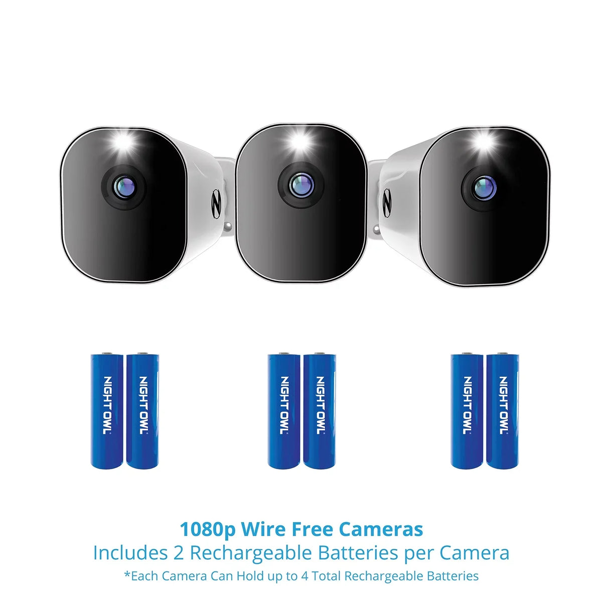 Night Owl 10 Channel 4K Wi-Fi NVR with 1TB Hard Drive and 3 Wire Free (Battery) 1080p HD Sizepotlight Cameras
