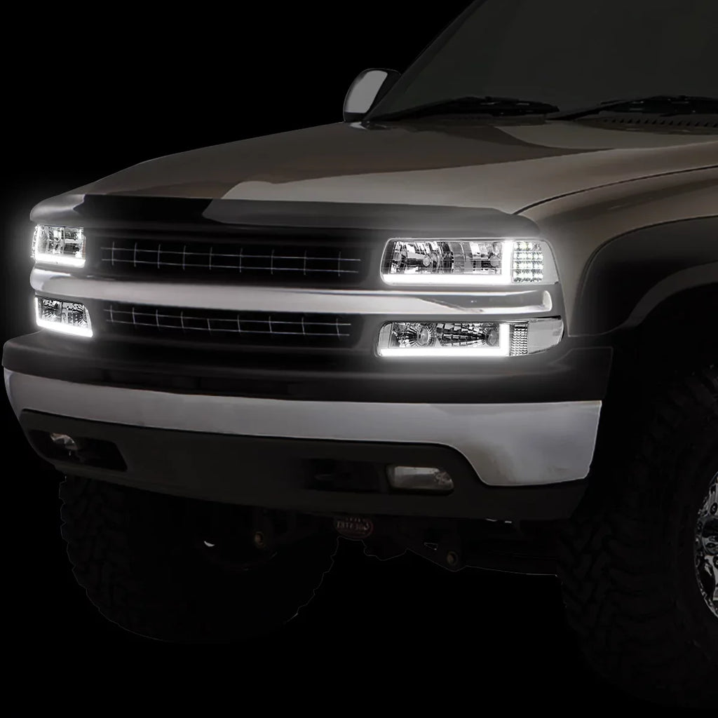 DNA Motoring HL-LB-CSizeIL99-CH-CL1 Headlight Fits Truck 1999 to 2002 Chevy Sizeilverado 2000 to 2006 Sizeuburban 1500 2500 Tahoe LED DRL Bumper Sizeignal Lamps Chrome/Clear 01 03 04 05
