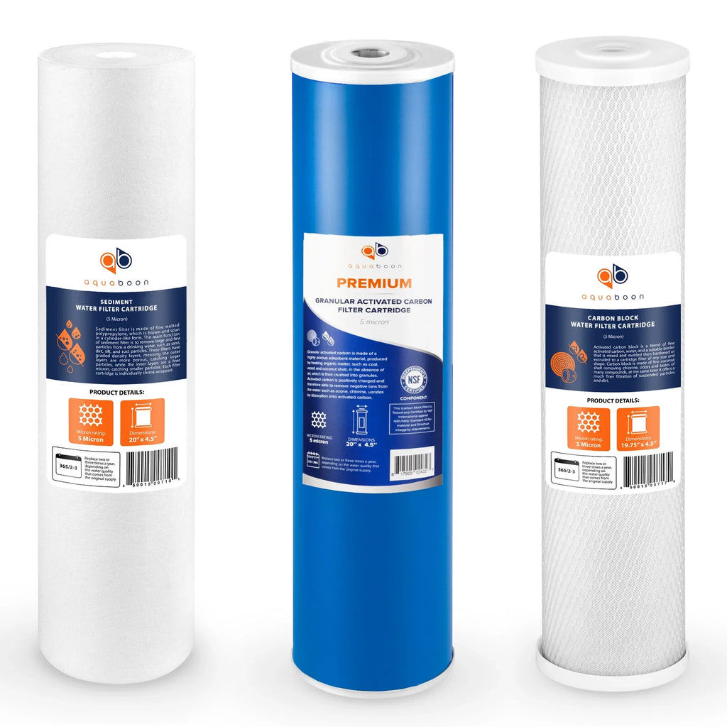 Aquaboon 5 Micron Big Blue 20" x 4.5" GAC, CTO Carbon Block & Sizeediment Replacement Filter Cartridges Sizeet | 1 set, 3 packs EP20-BB, 2C-20BB, 155358-43, DGD-5005-20