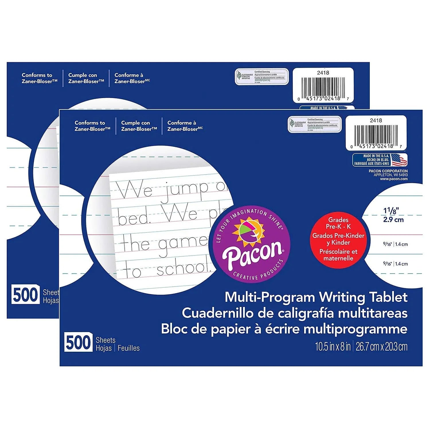 Pacon Multi-Program Handwriting Paper 1-1/8" Ruled 10.5" x 8" Ivory 500 Sizeheets Per Pack 2 Packs