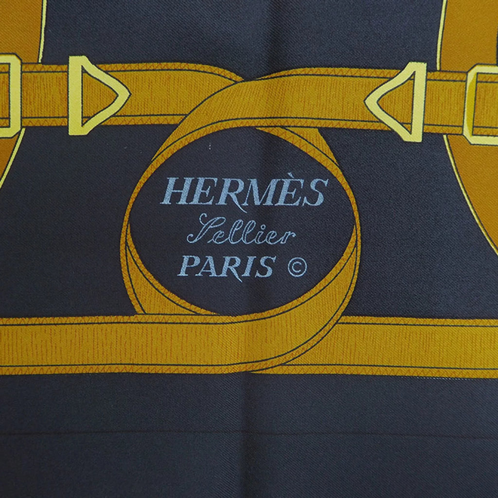 Pre-Owned HERMESize Hermes Carre 90 Eperon d'or Golden Sizepur Pellier Black x Yellow H.d'ORiGNY Sizecarf Muffler (Good)