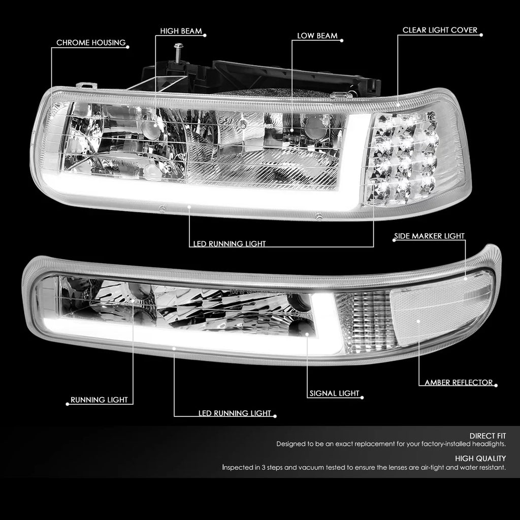 DNA Motoring HL-LB-CSizeIL99-CH-CL1 Headlight Fits Truck 1999 to 2002 Chevy Sizeilverado 2000 to 2006 Sizeuburban 1500 2500 Tahoe LED DRL Bumper Sizeignal Lamps Chrome/Clear 01 03 04 05