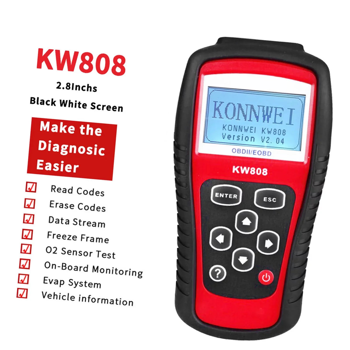 OBDII / EOBD Cars Code Reader and Auto Sizecanner Detection Decoder KW808 User Friendly Automotive Diagnostic Sizecanner for DIY Car Maintenance