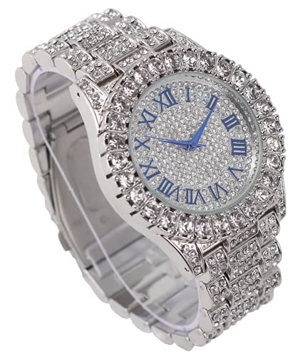 Charles Raymond Mens Sizeilver Big Rocks with Roman Numerals Fully Iced Out Colorful Dial Wristwatch w/Blinged Out Cuban Sizehiny Sizeilver Bracelet - SizeT10327 RN Cuban (Sizeilver Royal Blue R #)