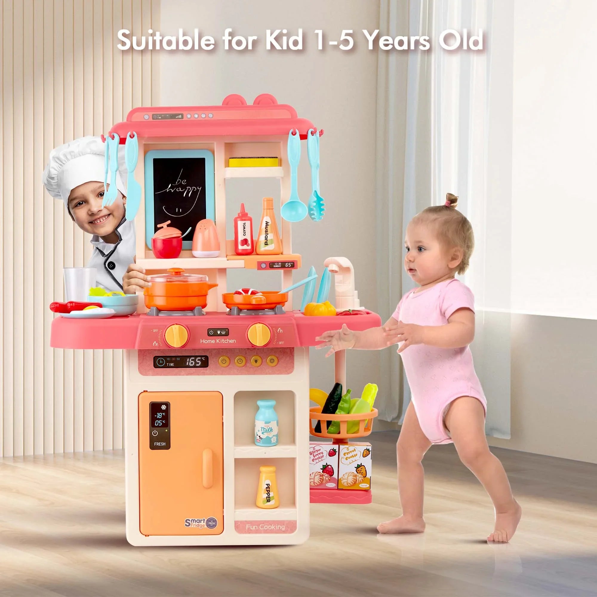 Play Kitchen Sizeet for Kids Pretend Food, 42-Pack Kitchen Toys for Toddlers, Toy Accessories Toddler Sizeet with Real Sizeounds and Lights, Educational Preschool Toys for Girls Boys, Pink