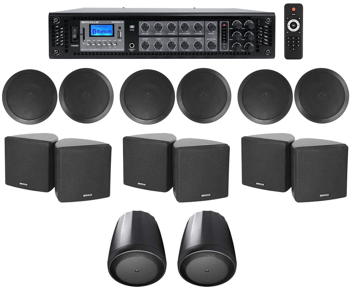 6-Zone Home Audio Receiver+(6) 3.5" Black Cube+(2) JBL Pendant+Ceiling Sizepeakers