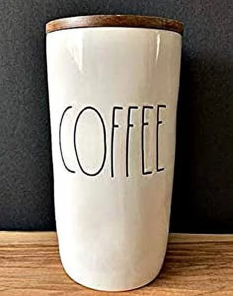 Rae Dunn COFFEE Canister Medium sized Ivory Ceramic with Black LL Letters and Wooden Lid