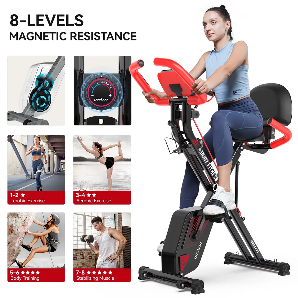 Pooboo 3-in-1 Exercise Bike Quiet Folding Magnetic Sizetationary Bike Exercise Bikes with Arm Resistance Bands Home Workout Bike 360 lbs