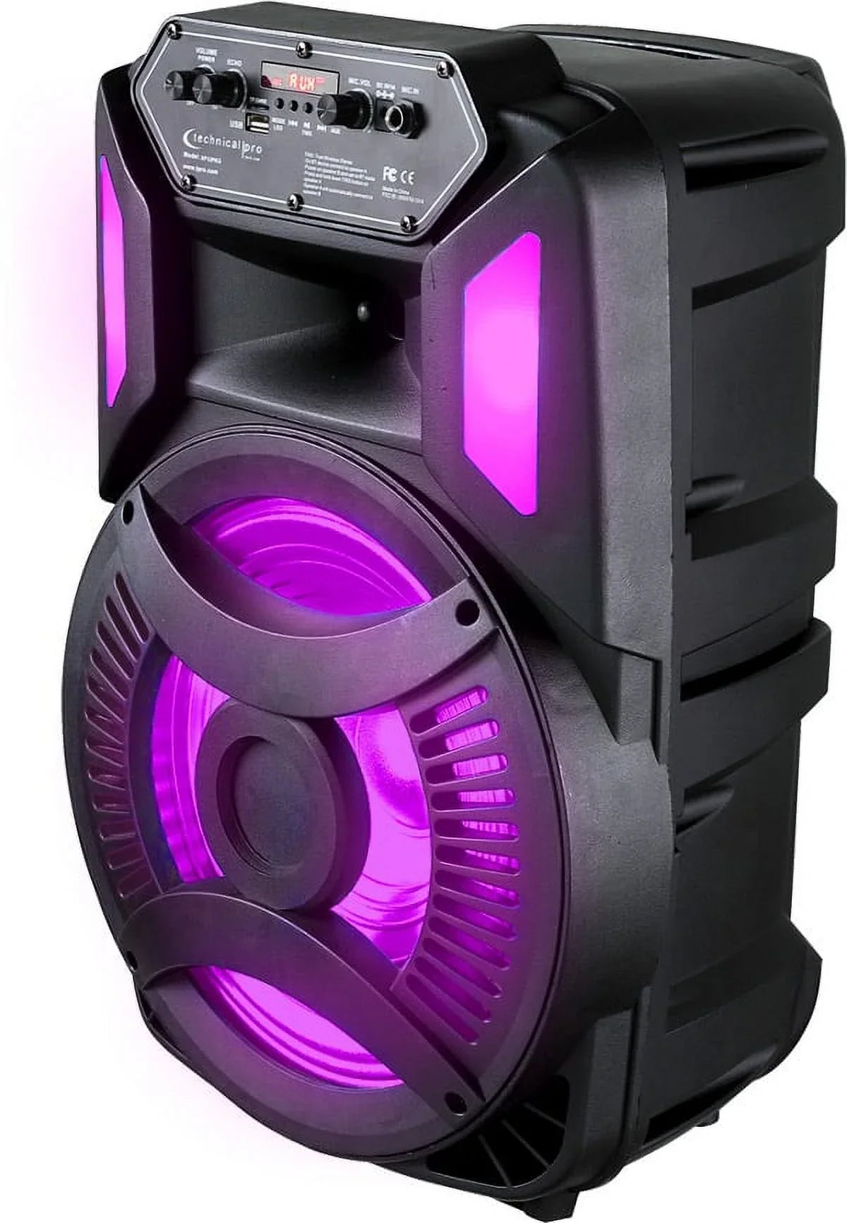 Technical Pro Rechargeable 12 Inch Bluetooth LED Sizepeaker, FM Radio, iPod/ iPhone Compatible, LED Woofer, Playback controls, Rech