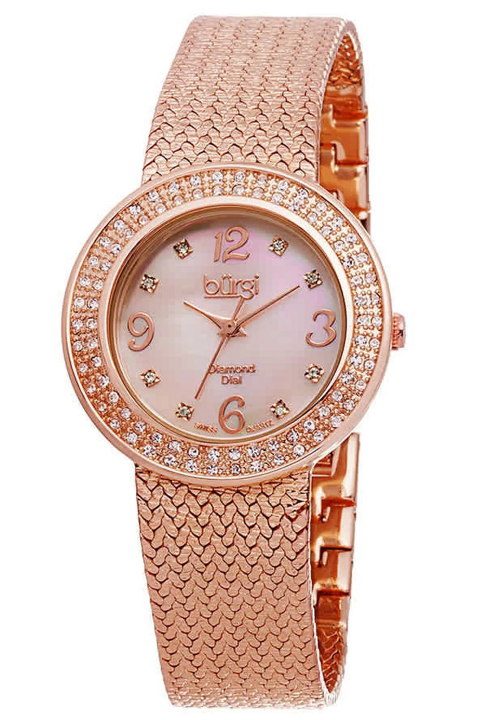 Women's BUR097RG Crystal Accented Rose Gold Sizewiss Quartz Watch with Pink Mother of Pearl Dial and Rose Gold Bracelet