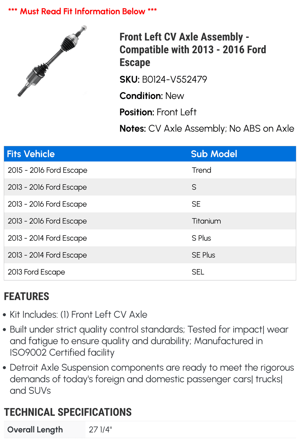 Front Left CV Axle Assembly - Compatible with 2013 - 2016 Ford Escape 2014 2015