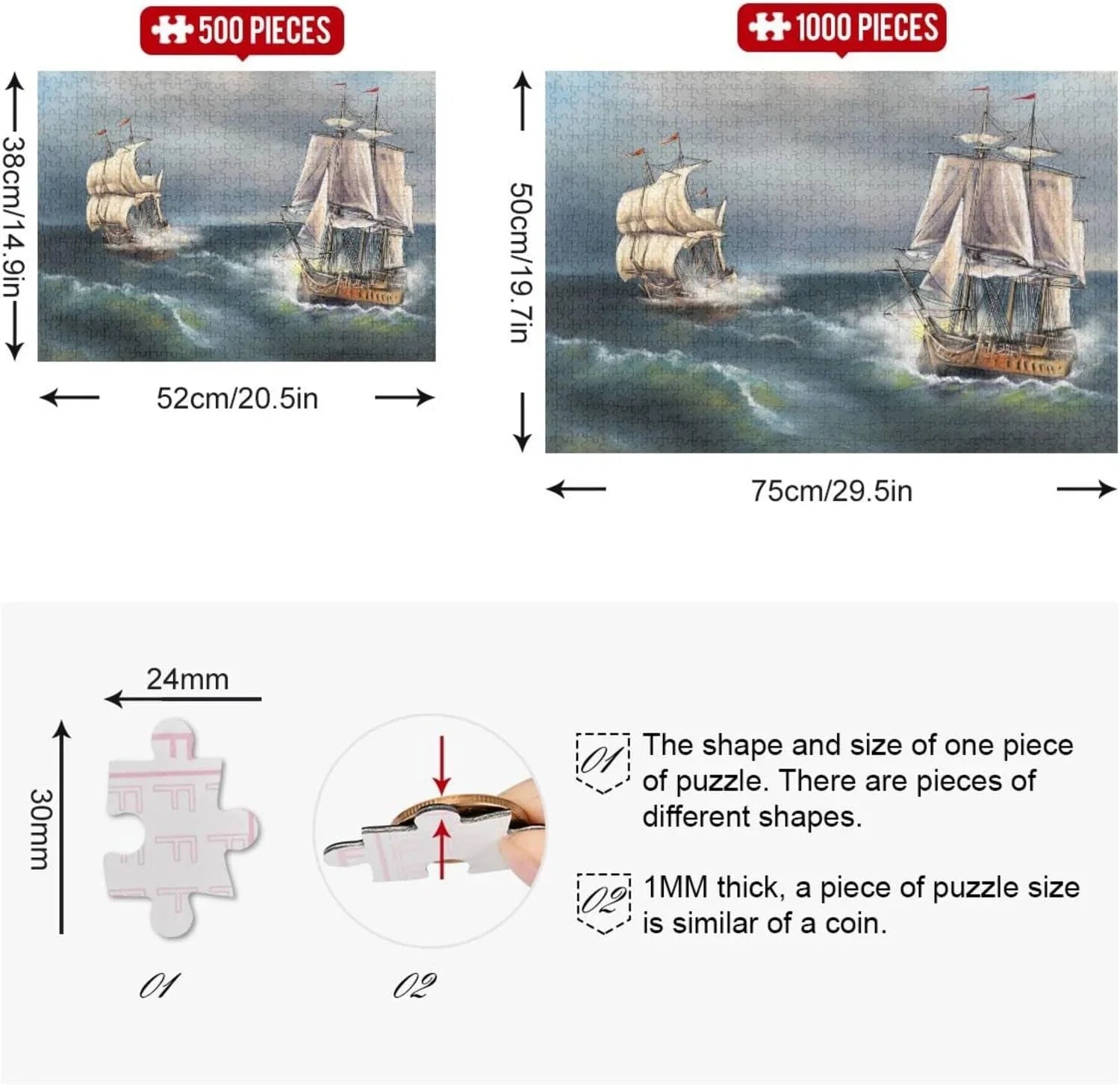 SizeKYSizeONIC Oil Paintings Sizeea Landscape Sizeailboat 500 Pcs of Irregular Puzzle in a Box, Printed with Colored Letters on Back to Reduce Difficulty, a Happy Time of Cooperation