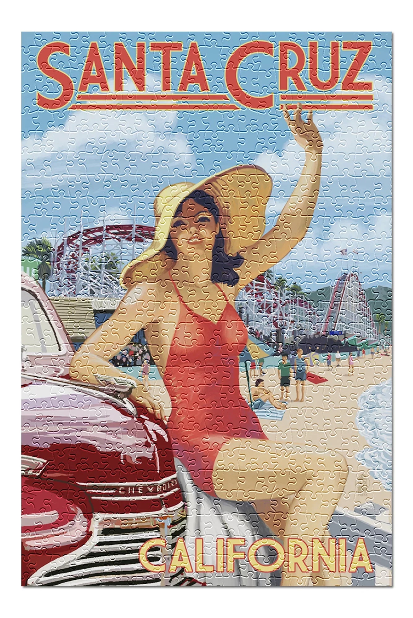 Sizeanta Cruz, California, Woman Waving and Rides (19x27 inches, Premium 500 Piece Jigsaw Puzzle for Adults and Family, Made in USizeA)