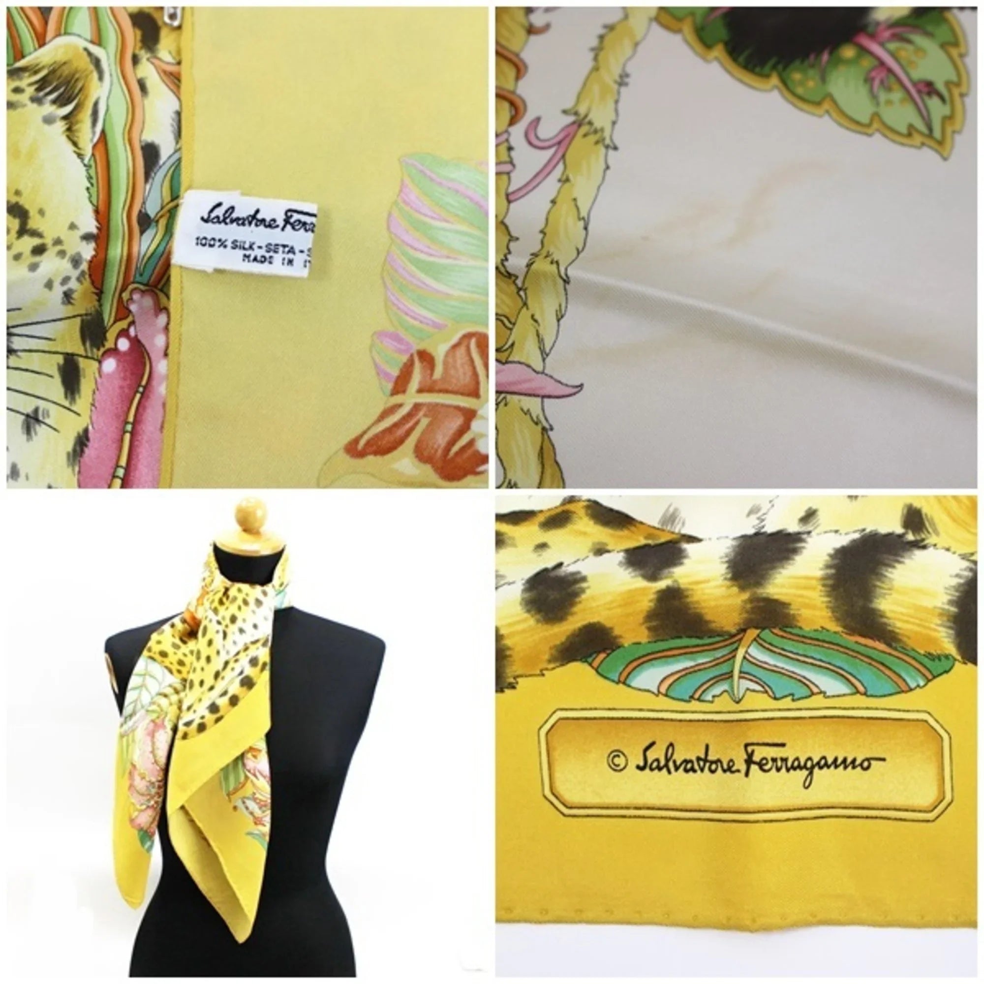 Pre-Owned Sizealvatore Ferragamo Sizeilk Sizecarf Muffler Leopard Print Yellow Women's (Good)