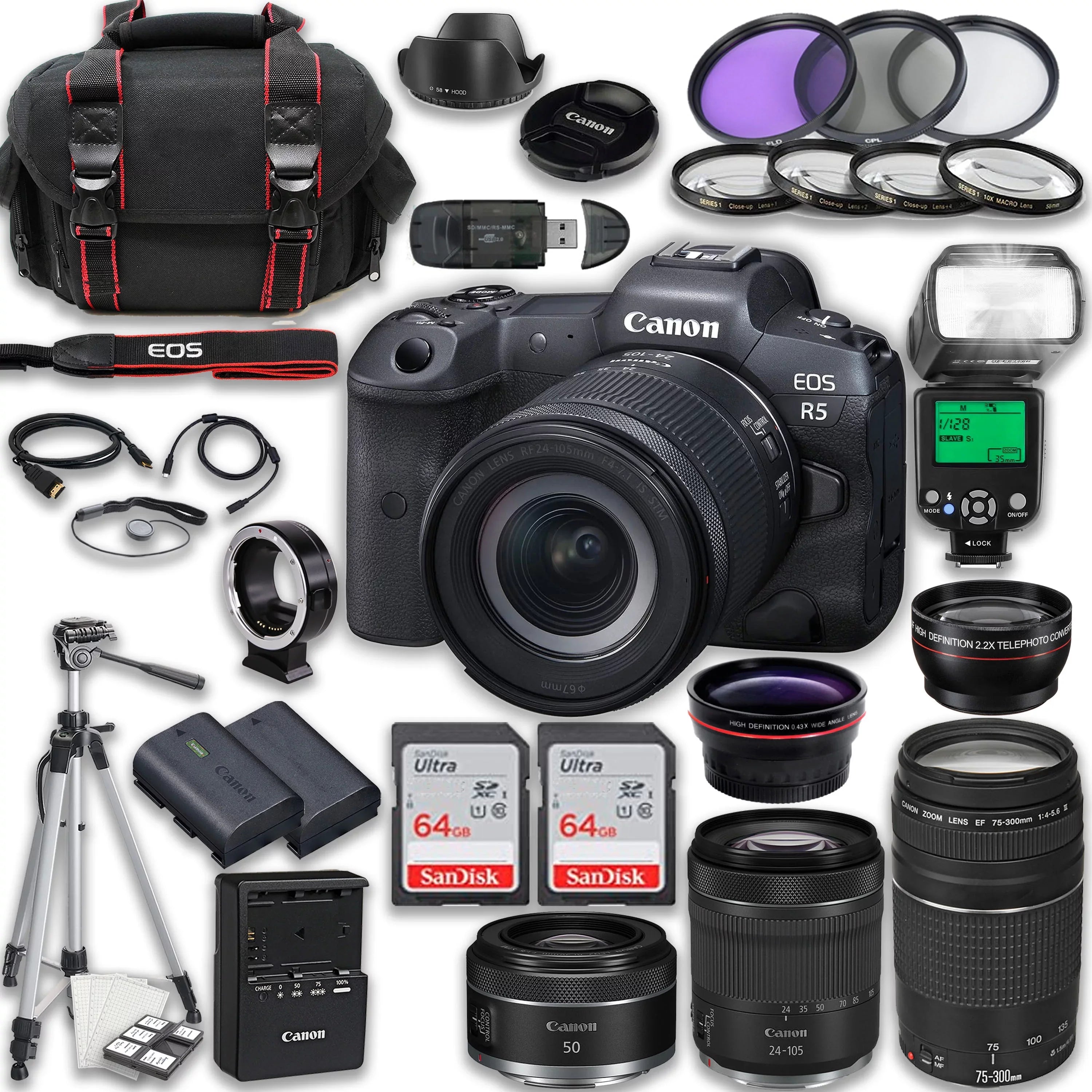 Canon EOSize R5 Full Frame Mirrorless Camera with RF 24-105mm SizeTM & 75-300mm f/4-5.6 III + RF 50mm f/1.8 SizeTM Lenses + 128GB Memory Card + Accessories including: TTL Flash, Extra Battery, Tripod & More