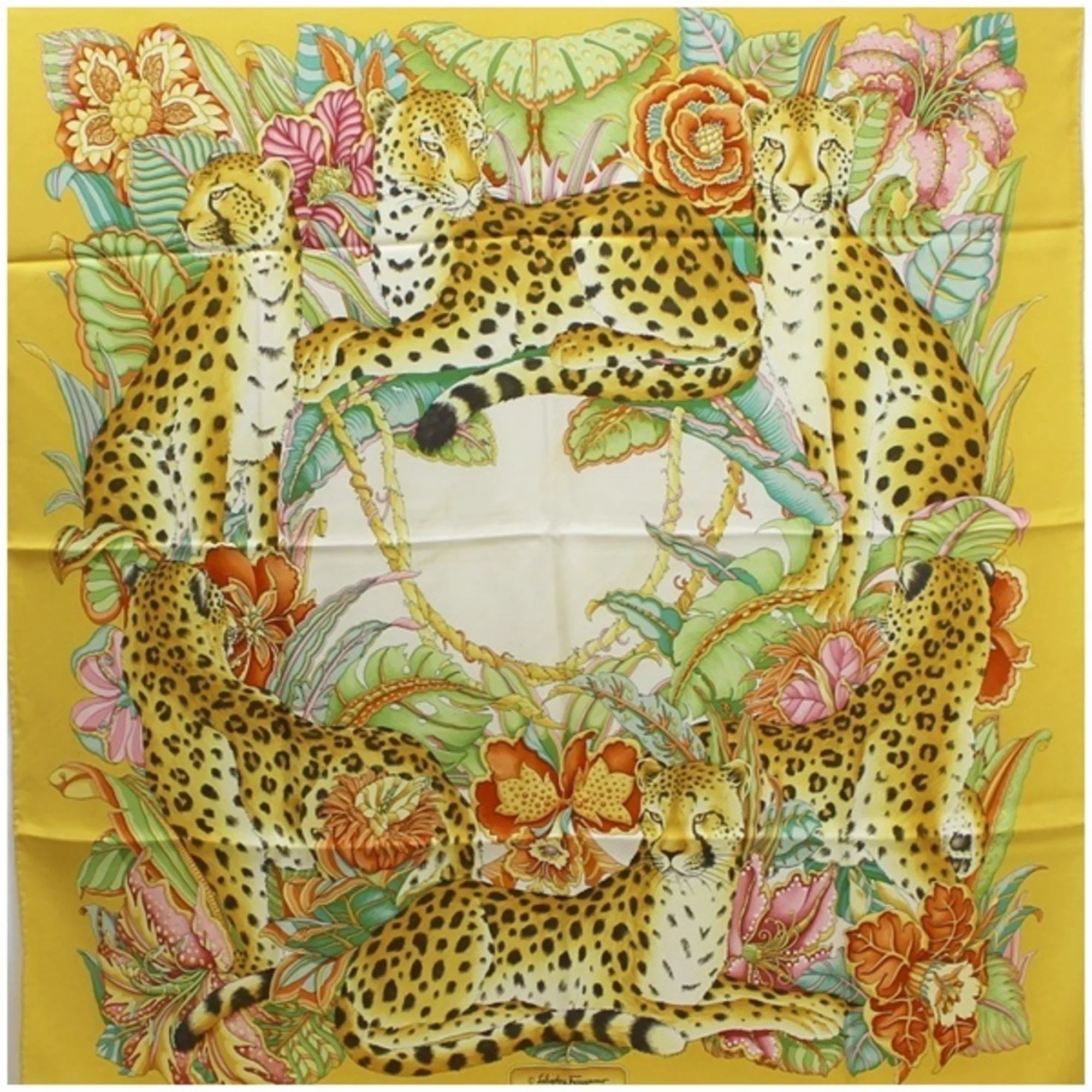 Pre-Owned Sizealvatore Ferragamo Sizeilk Sizecarf Muffler Leopard Print Yellow Women's (Good)