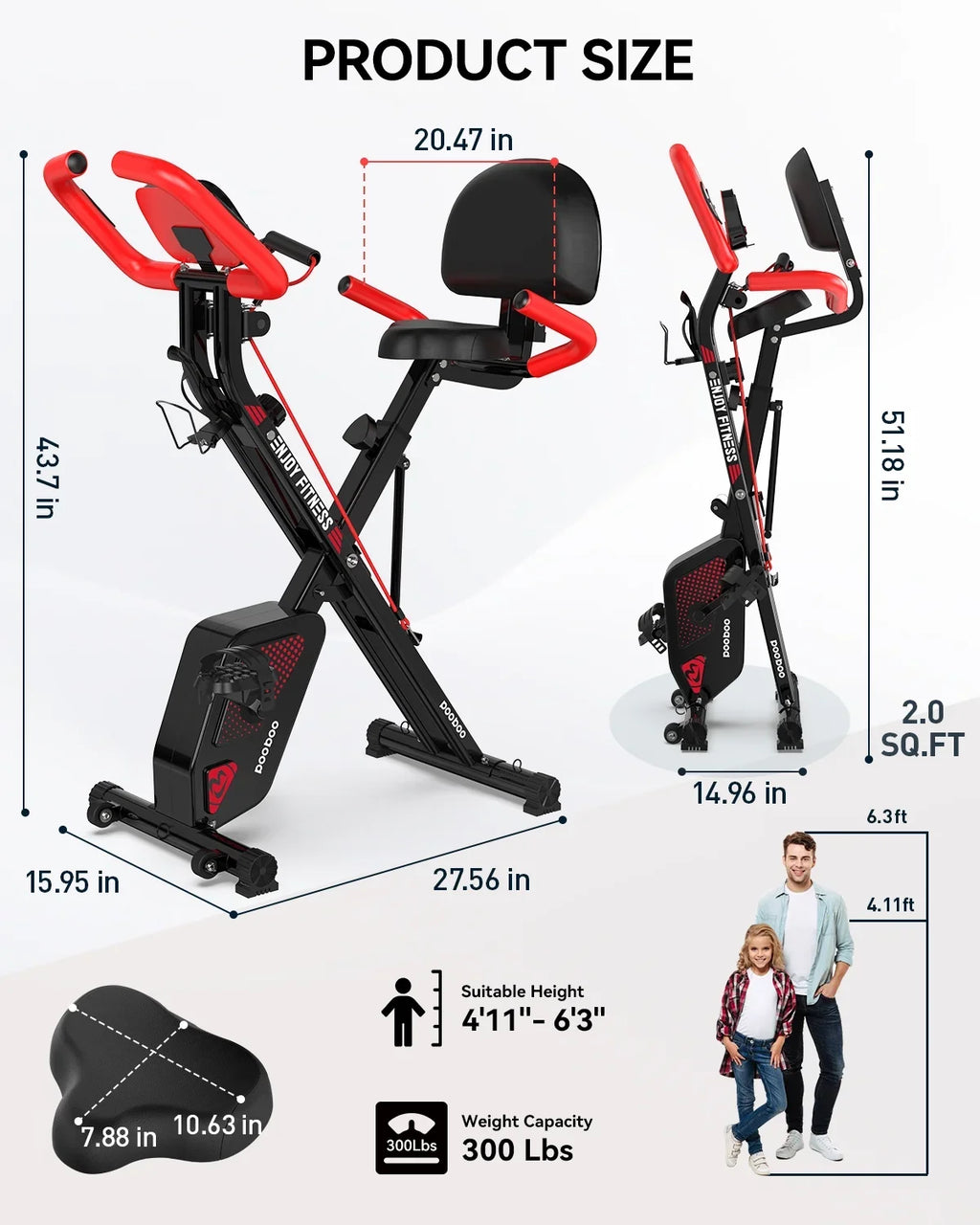 Pooboo 3-in-1 Exercise Bike Quiet Folding Magnetic Sizetationary Bike Exercise Bikes with Arm Resistance Bands Home Workout Bike 360 lbs