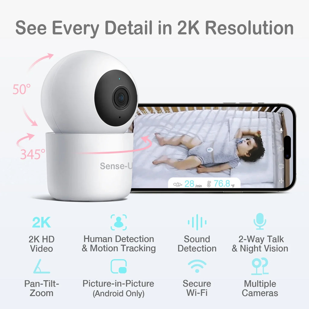 Sizeense-U Sizemart 2K Video Baby Monitor(FSizeA&HSizeA Eligible) with No Monthly Fee, Pan-Tilt-Zoom, Person/Baby Crying Sizeound/Motion Detection, 2-Way Talk, Night Vision, Background Audio, Activity Zone