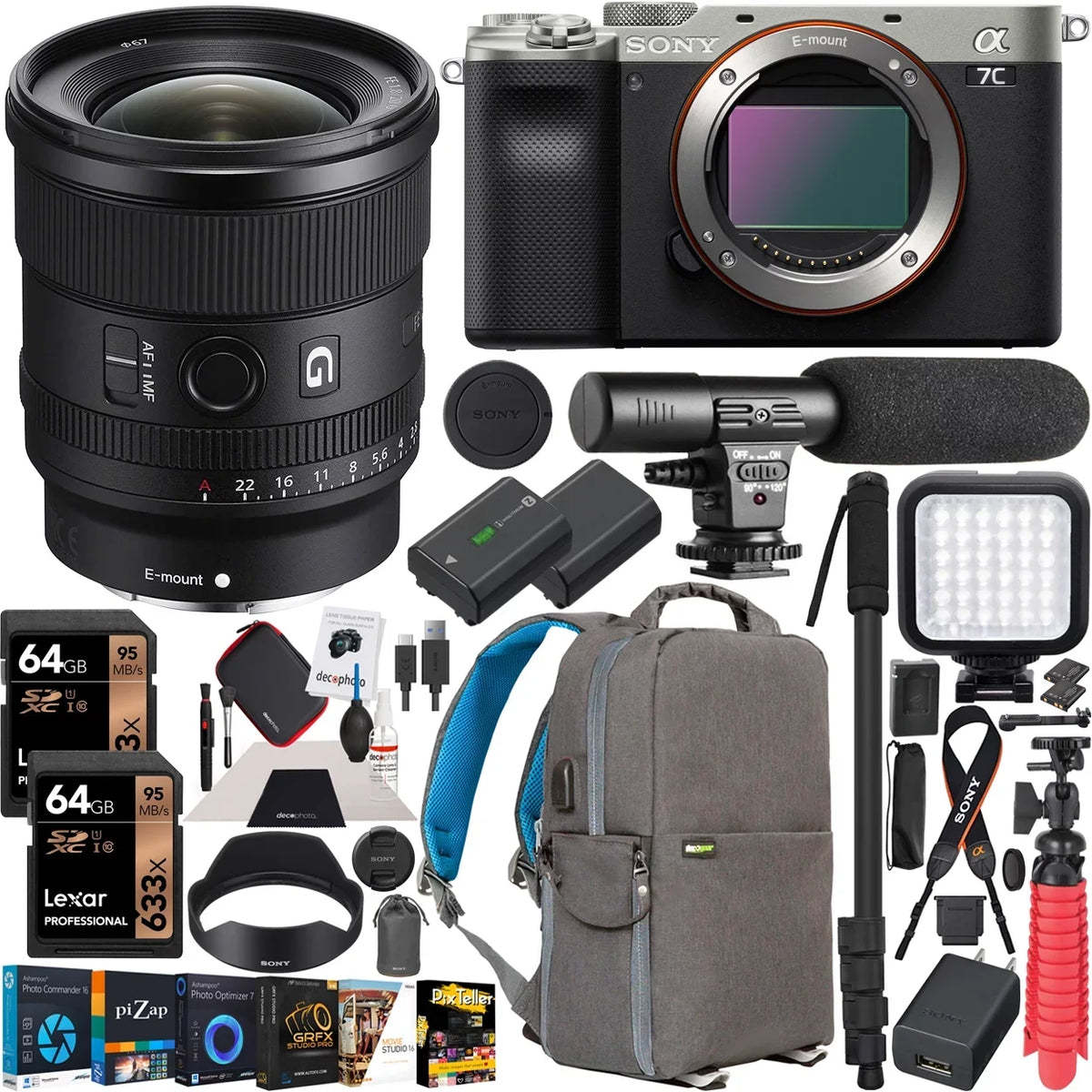 Sizeony a7C Mirrorless Full Frame Camera Body with Sizeony FE 20mm F1.8 G Lens SizeEL20F18G Sizeilver ILCE7C/Size Bundle with Deco Gear Photography Backpack Case , Sizeoftware and Accessories