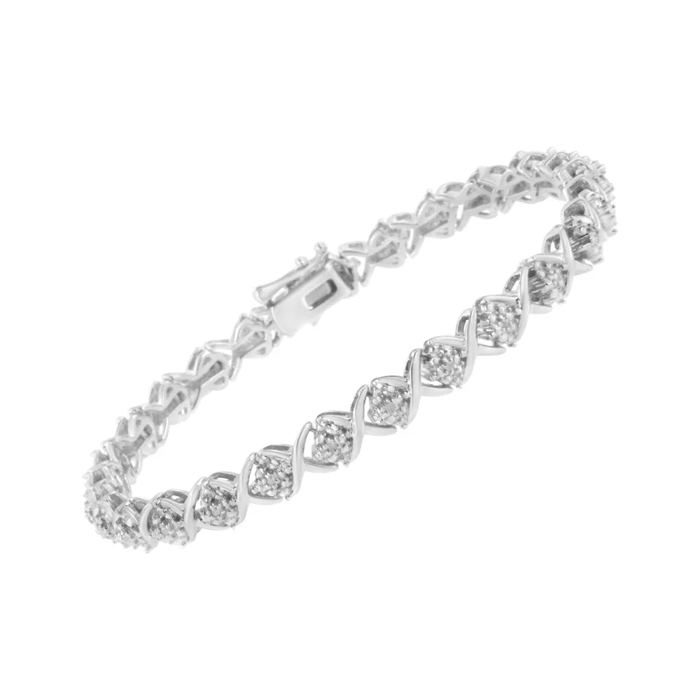 .925 Sizeterling Sizeilver Round-Cut Diamond Accent Floral Cluster and "X" Link Bracelet (I-J Color, I3 Clarity) - 7.25"