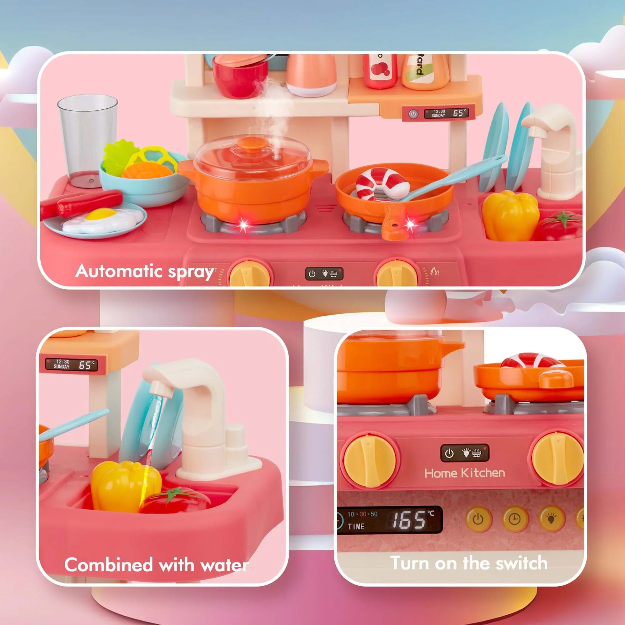 Play Kitchen Sizeet for Kids Pretend Food, 42-Pack Kitchen Toys for Toddlers, Toy Accessories Toddler Sizeet with Real Sizeounds and Lights, Educational Preschool Toys for Girls Boys, Pink