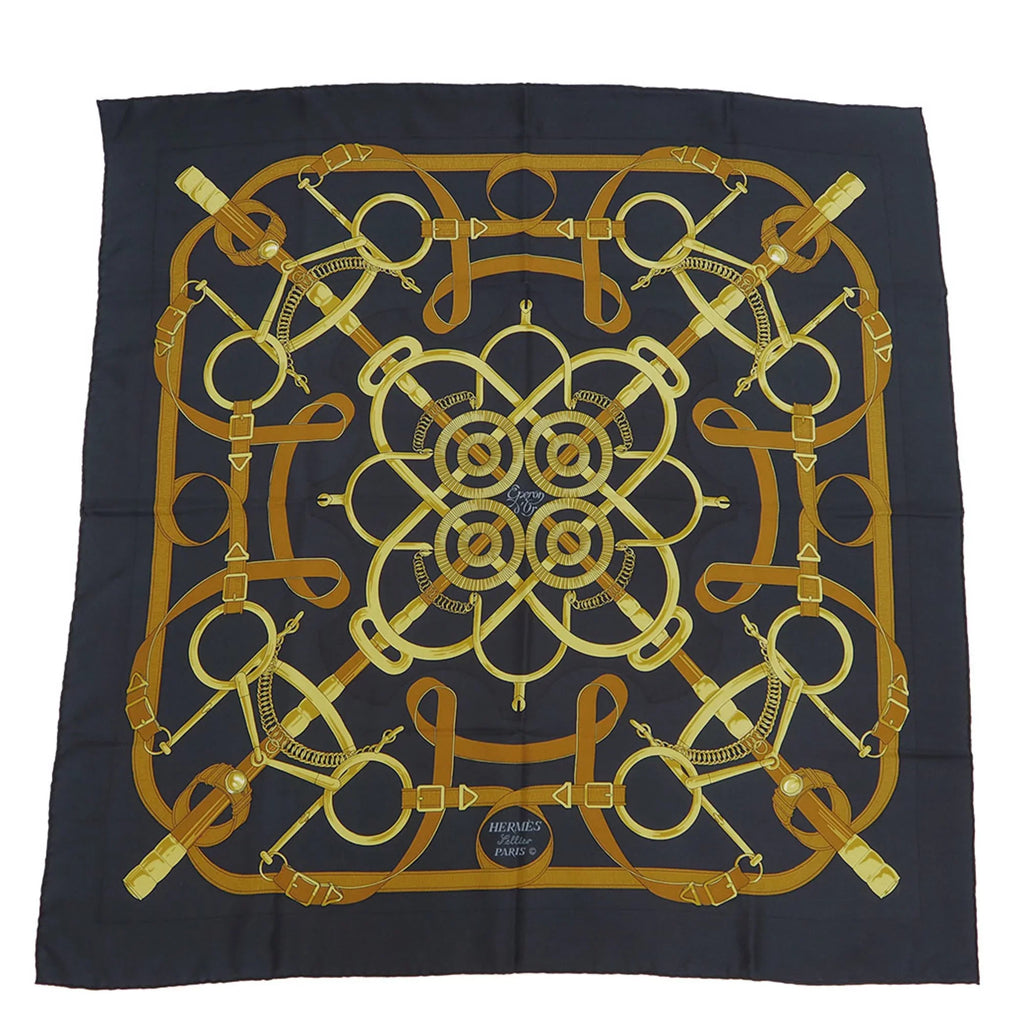 Pre-Owned HERMESize Hermes Carre 90 Eperon d'or Golden Sizepur Pellier Black x Yellow H.d'ORiGNY Sizecarf Muffler (Good)