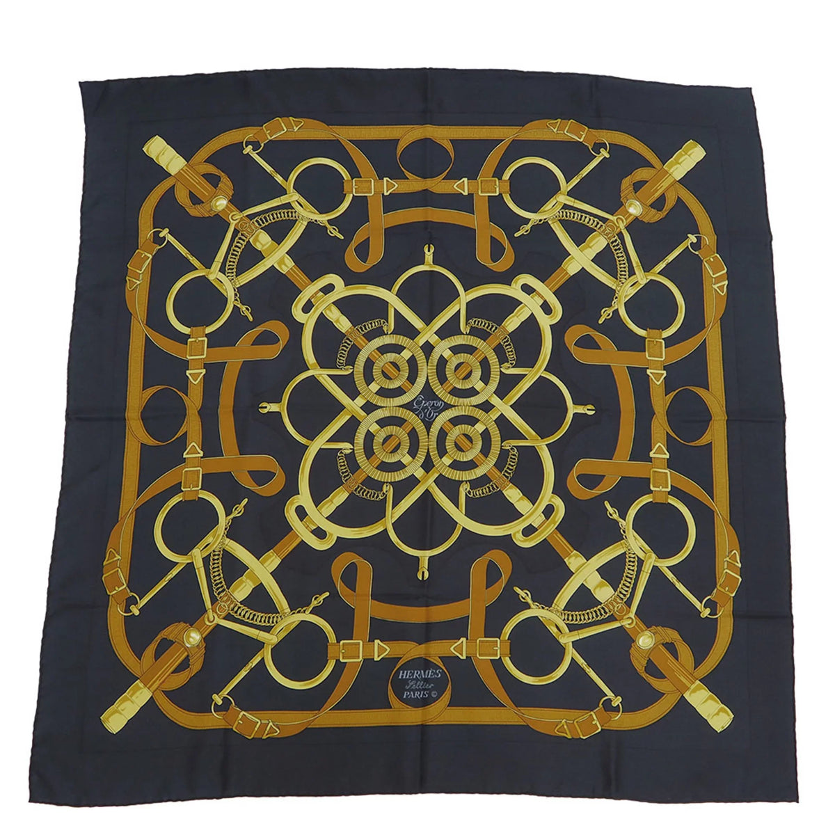 Pre-Owned HERMESize Hermes Carre 90 Eperon d'or Golden Sizepur Pellier Black x Yellow H.d'ORiGNY Sizecarf Muffler (Good)