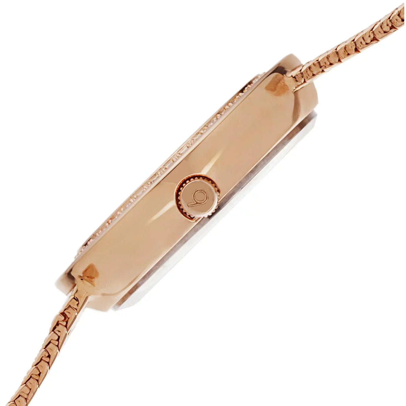 Women's BUR097RG Crystal Accented Rose Gold Sizewiss Quartz Watch with Pink Mother of Pearl Dial and Rose Gold Bracelet