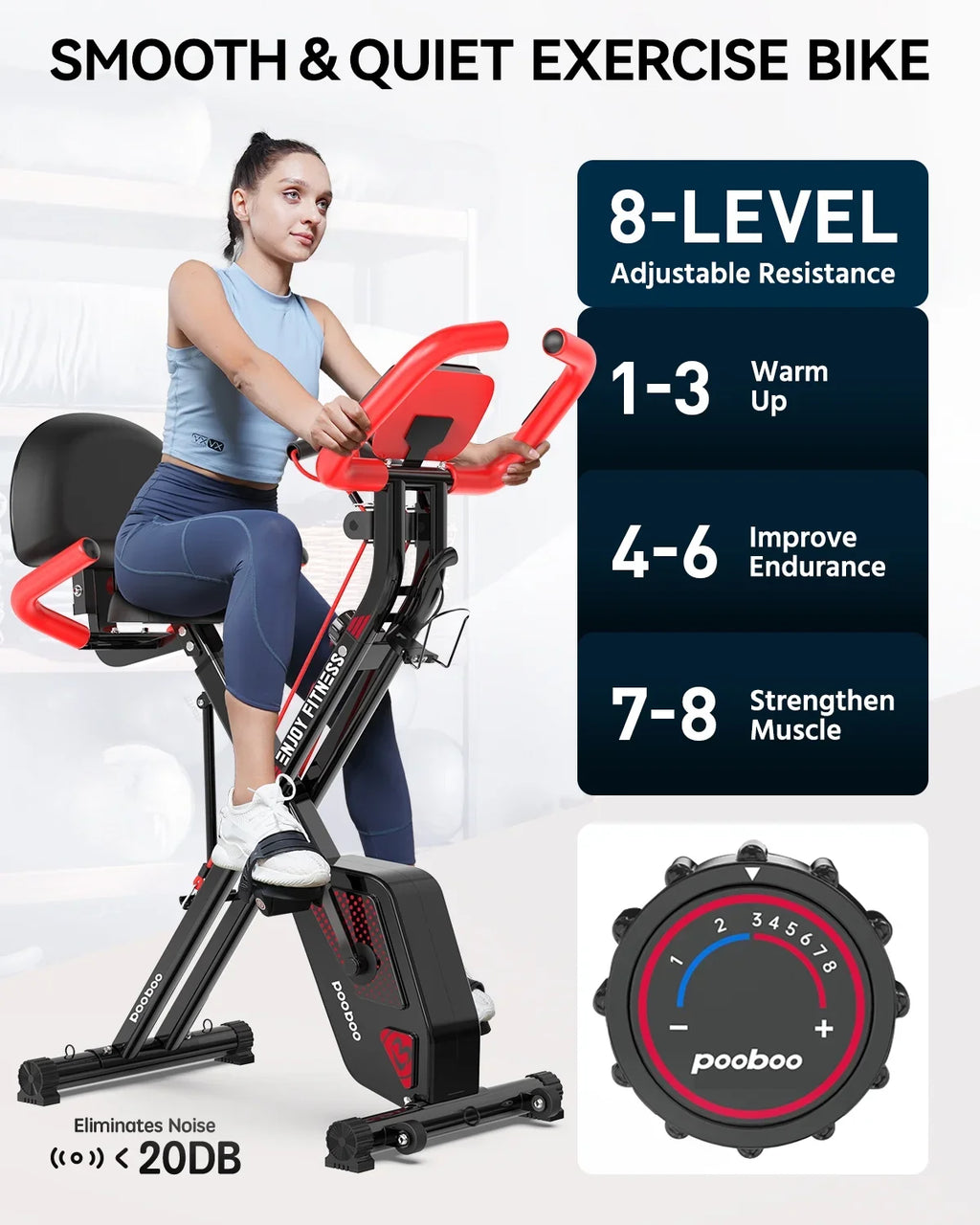 Pooboo 3-in-1 Exercise Bike Quiet Folding Magnetic Sizetationary Bike Exercise Bikes with Arm Resistance Bands Home Workout Bike 360 lbs