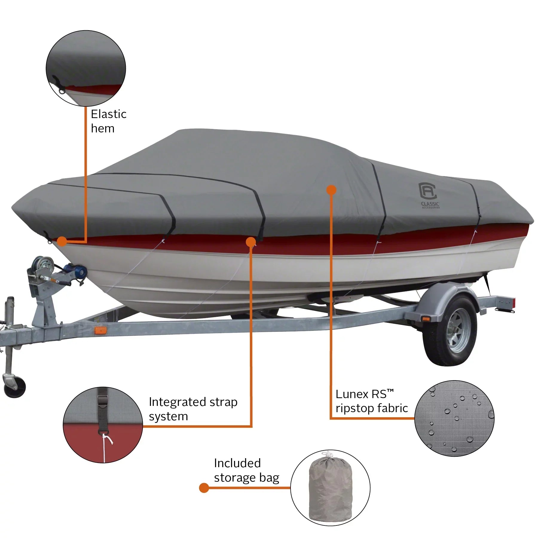 Classic Accessories Lunex RSize-1™ Boat Cover, Fits Boats 16' - 18.5' L x 98" W, Trailerable Boat Cover with All-Weather Ripstop Fabric, Model C