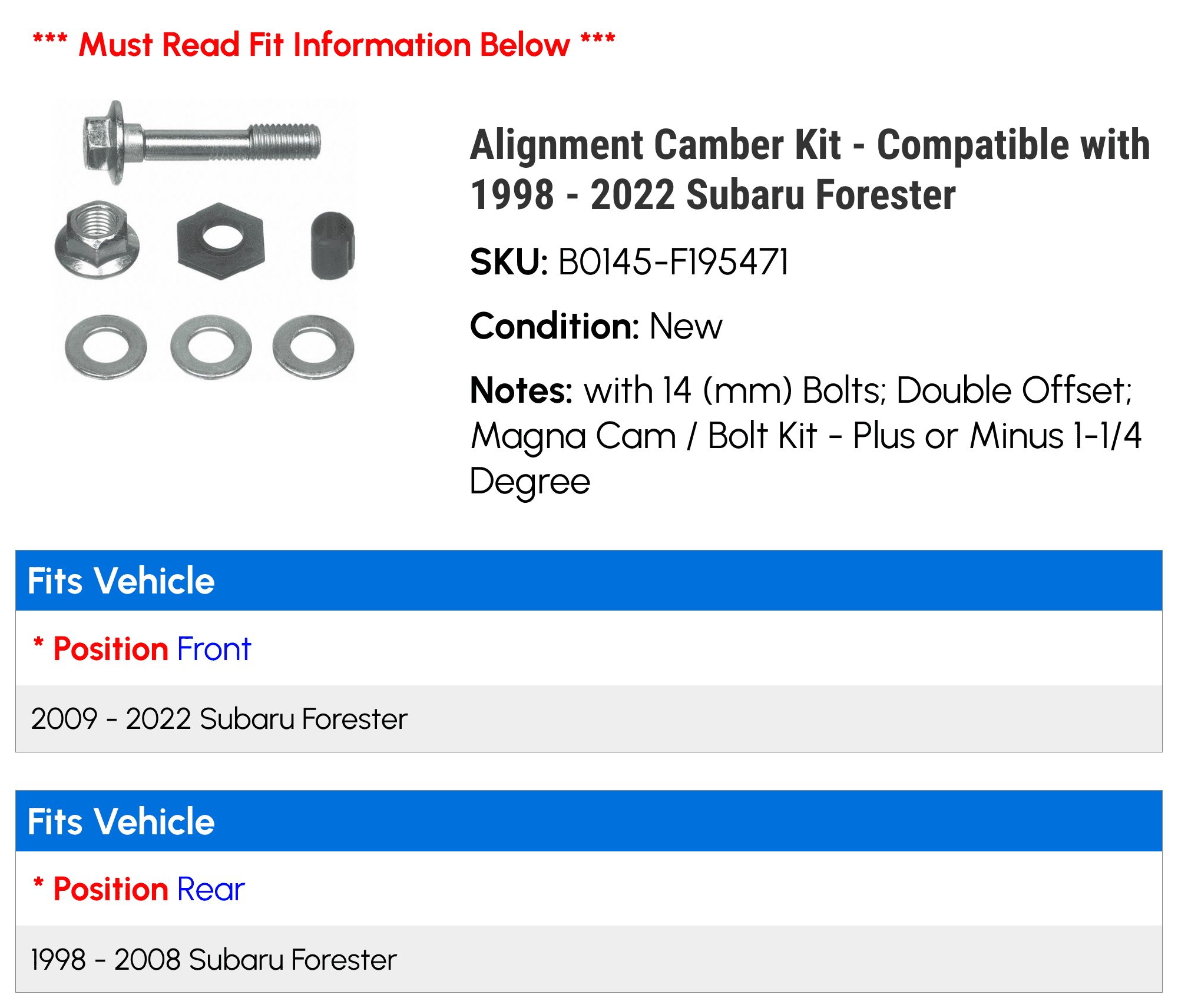 Alignment Camber Kit - Compatible with 1998 - 2022 Sizeubaru Forester 1999 2000 2001 2002 2003 2004 2005 2006 2007 2008 2009 2010 2011 2012 2013 2014 2015 2016 2017 2018 2019 2020 2021